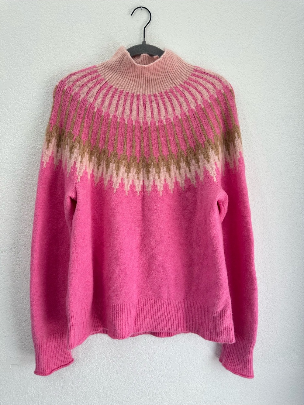J.Crew Womens M Pink Merino Wool Alpaca Blend Fair Isle Mockneck Sweater BV370